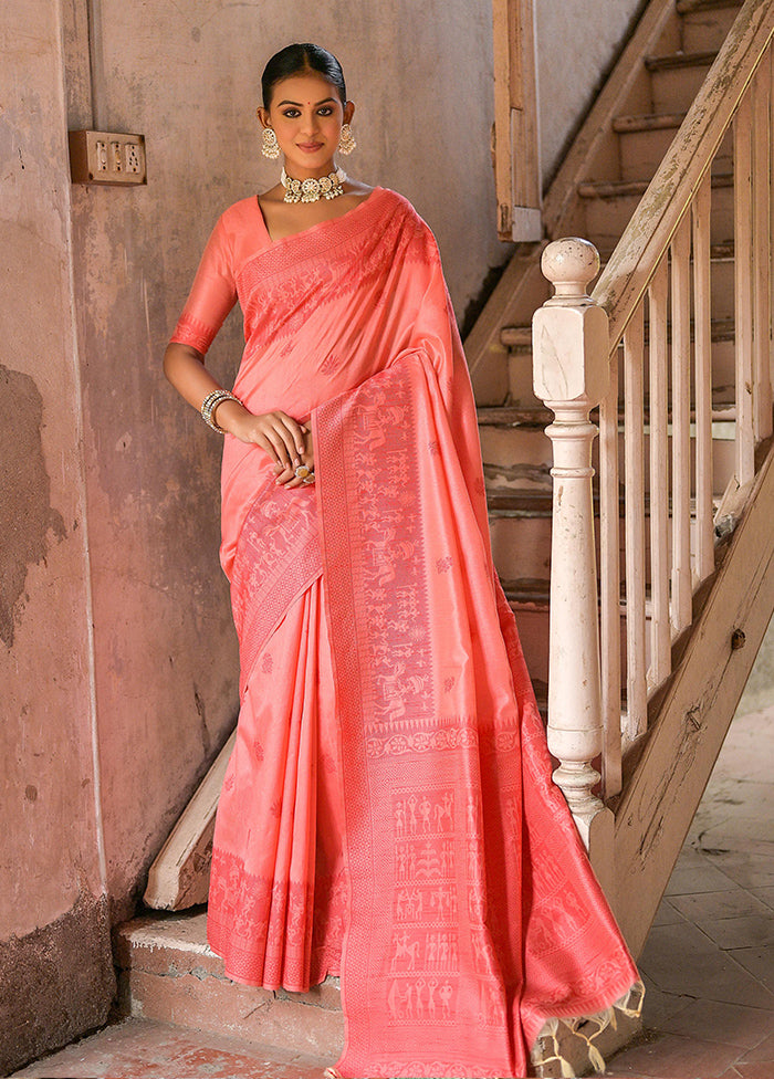 Coral Spun Silk Saree With Blouse Piece