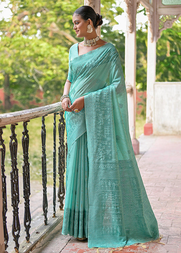 Sea Green Spun Silk Saree With Blouse Piece