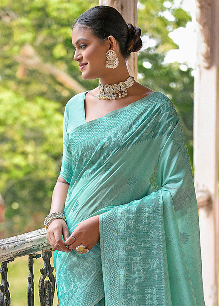 Sea Green Spun Silk Saree With Blouse Piece