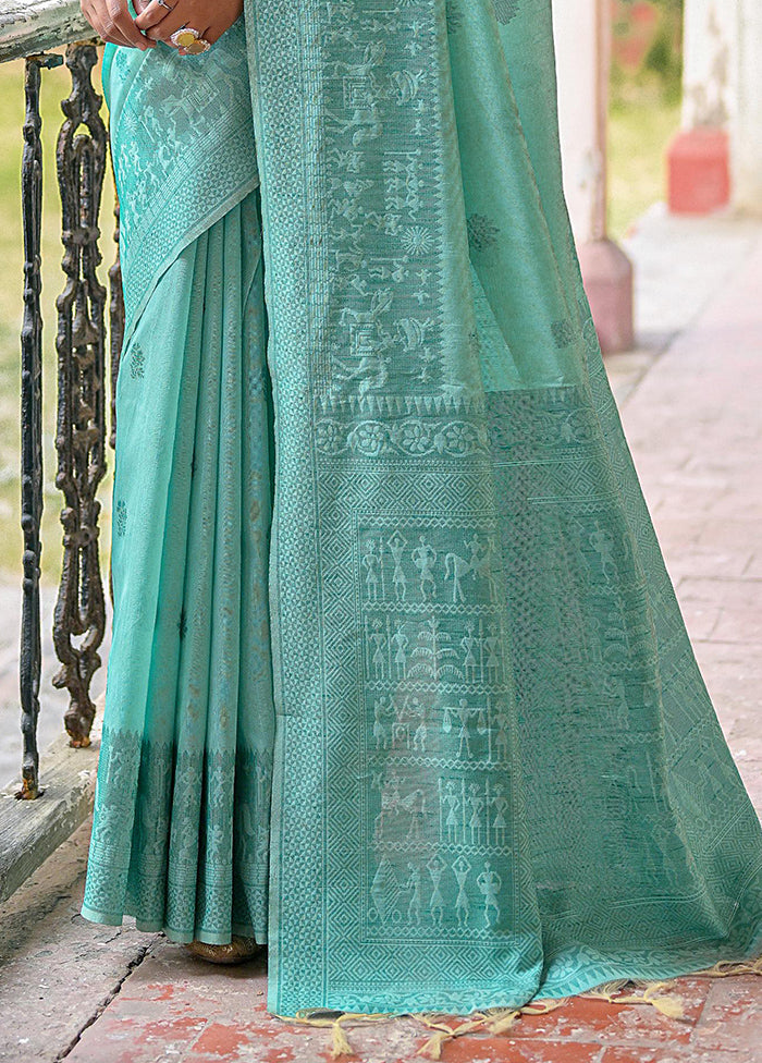 Sea Green Spun Silk Saree With Blouse Piece