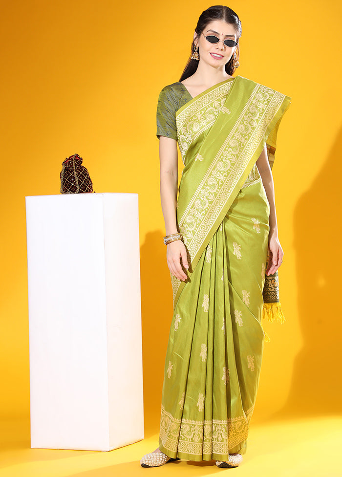 Mehendi Spun Silk Saree With Blouse Piece