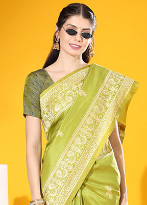 Mehendi Spun Silk Saree With Blouse Piece