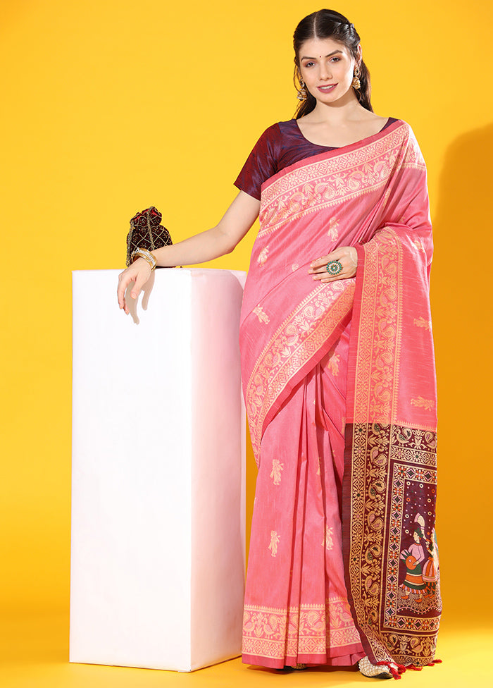 Pink Spun Silk Saree With Blouse Piece