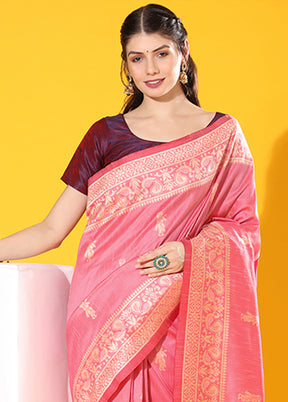 Pink Spun Silk Saree With Blouse Piece