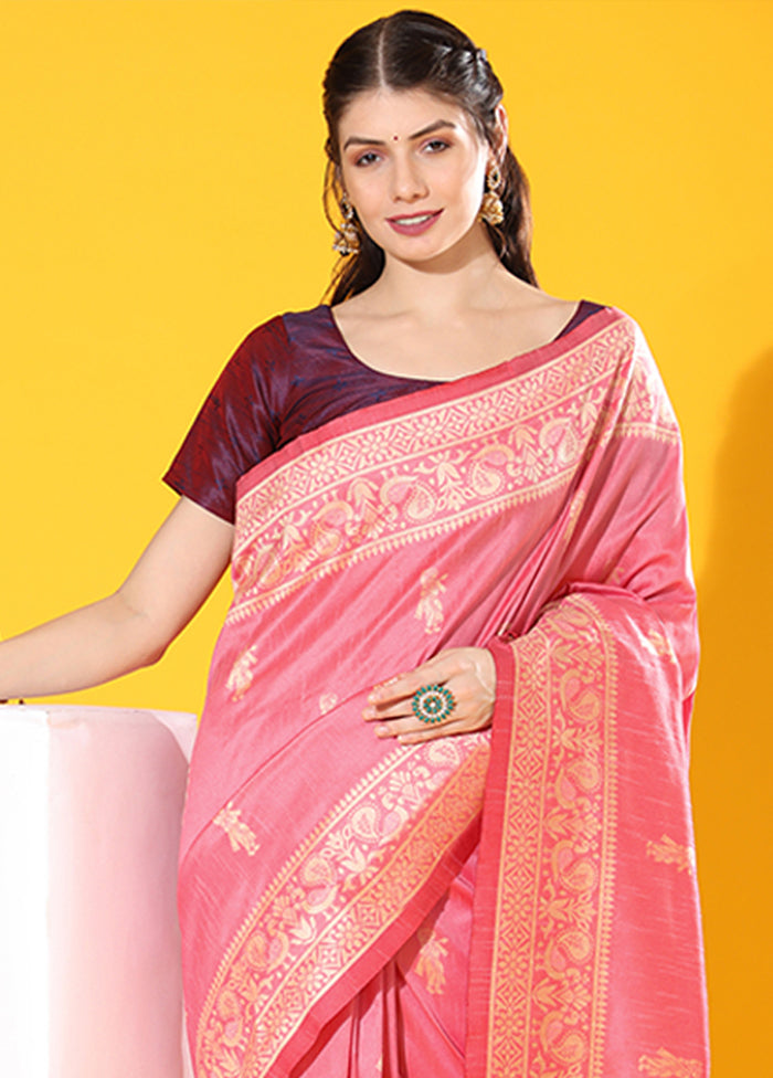 Pink Spun Silk Saree With Blouse Piece