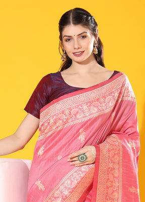 Pink Spun Silk Saree With Blouse Piece