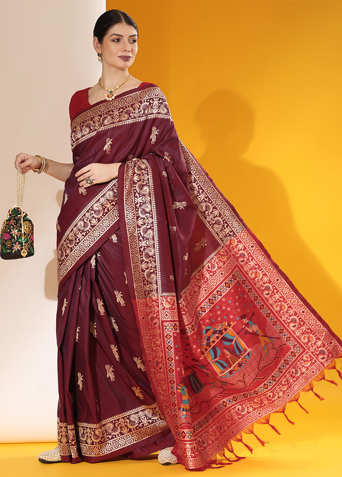 Wine Spun Silk Saree With Blouse Piece