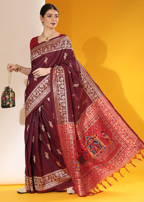 Wine Spun Silk Saree With Blouse Piece