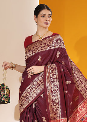 Wine Spun Silk Saree With Blouse Piece