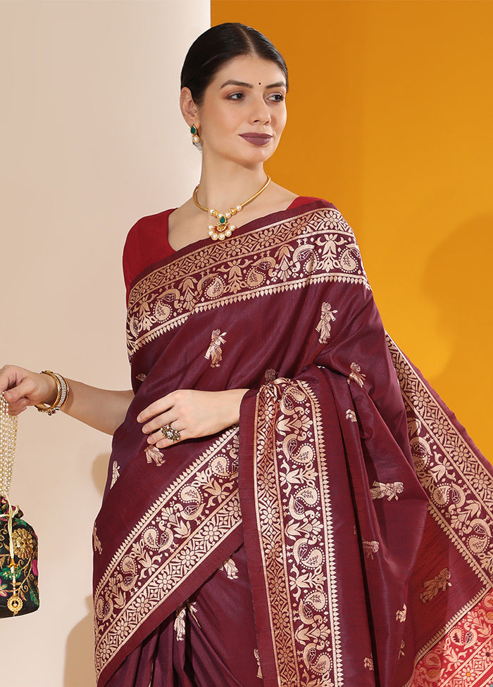 Wine Spun Silk Saree With Blouse Piece