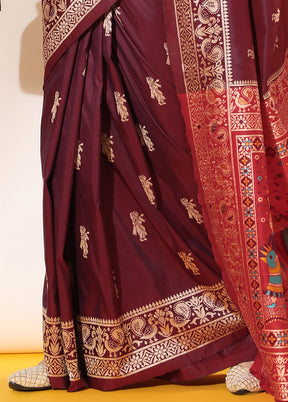 Wine Spun Silk Saree With Blouse Piece