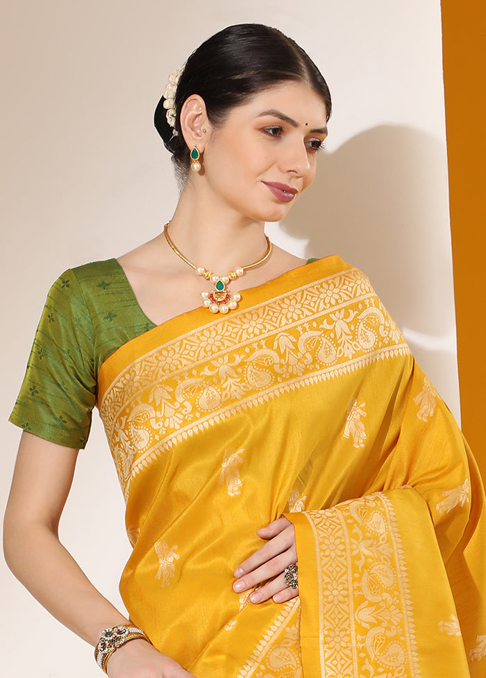 Yellow Spun Silk Saree With Blouse Piece