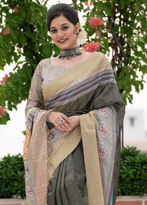 Green Tussar Silk Saree With Blouse Piece