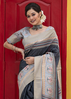 Black Tussar Silk Saree With Blouse Piece