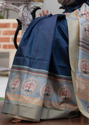 Navy Blue Tussar Silk Saree With Blouse Piece