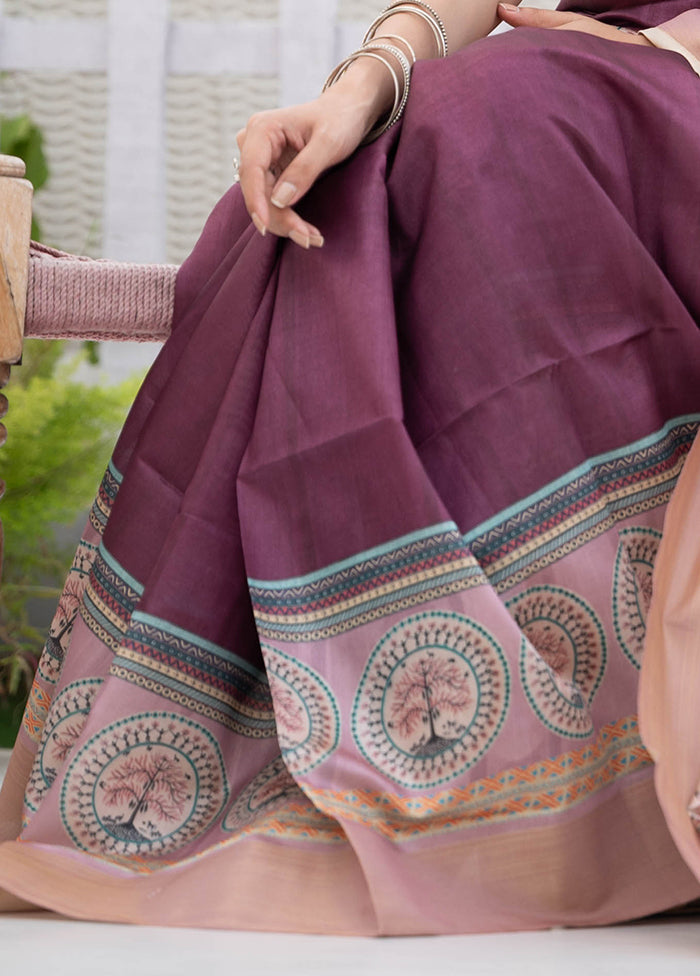 Wine Tussar Silk Saree With Blouse Piece