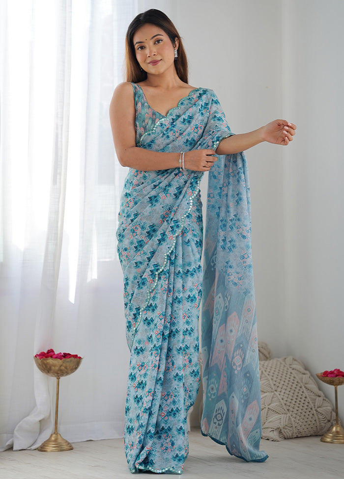 Sky Blue Spun Silk Saree With Blouse Piece