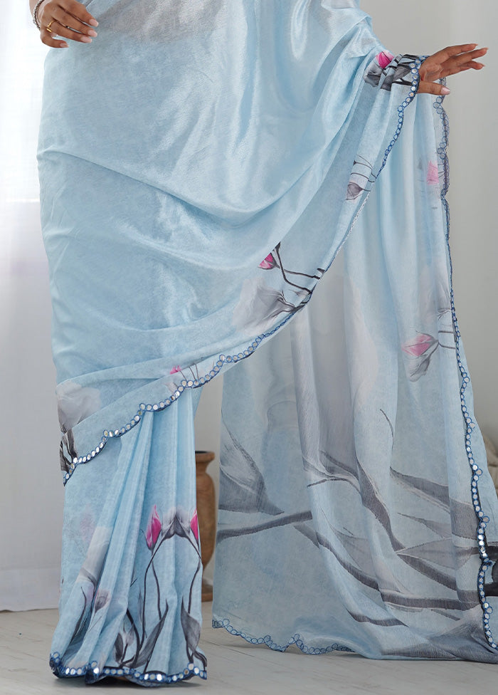 Sky Blue Spun Silk Saree With Blouse Piece