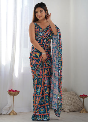 Teal Spun Silk Saree With Blouse Piece