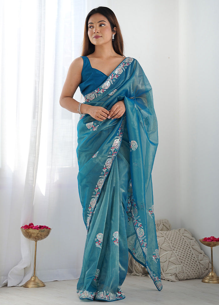 Blue Net Net Saree With Blouse Piece