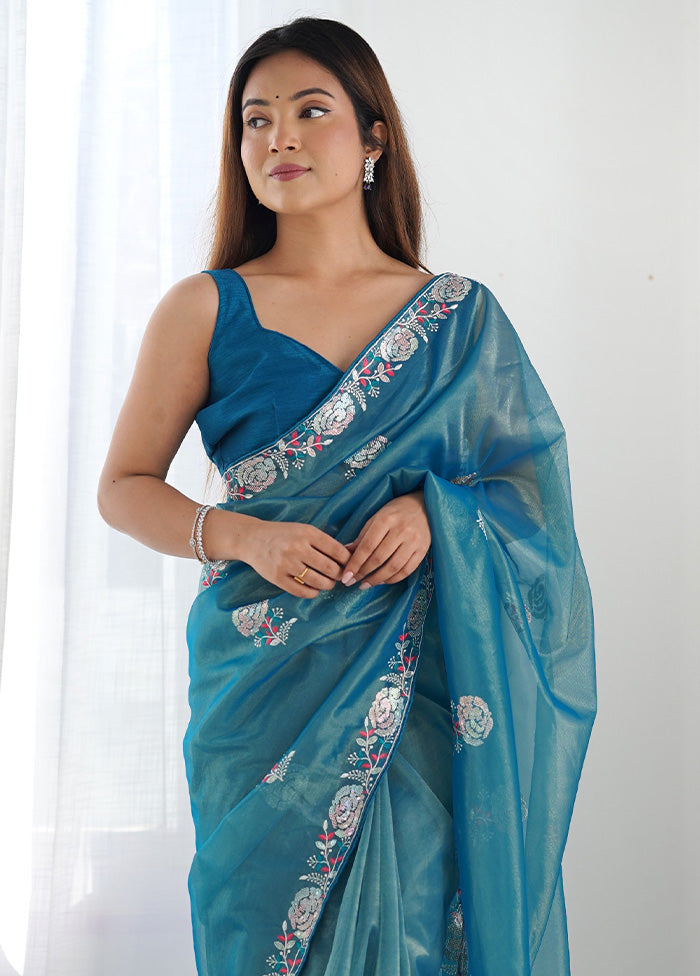 Blue Net Net Saree With Blouse Piece