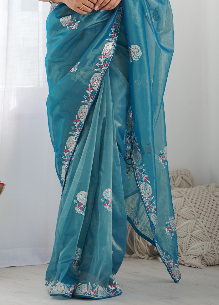 Blue Net Net Saree With Blouse Piece