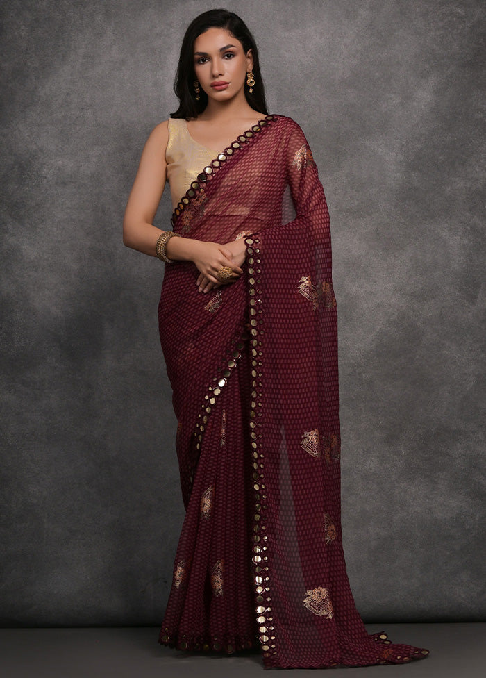 Maroon Chiffon Silk Saree With Blouse Piece