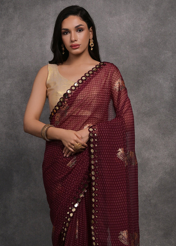 Maroon Chiffon Silk Saree With Blouse Piece