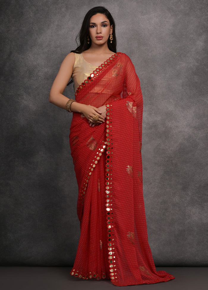 Red Chiffon Silk Saree With Blouse Piece