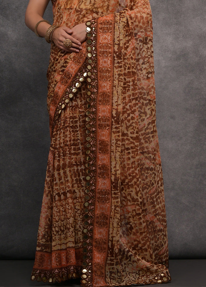 Brown Chiffon Silk Saree With Blouse Piece