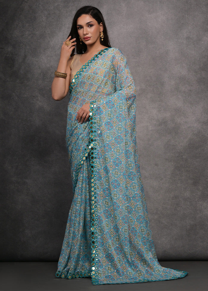 Sky Blue Chiffon Silk Saree With Blouse Piece