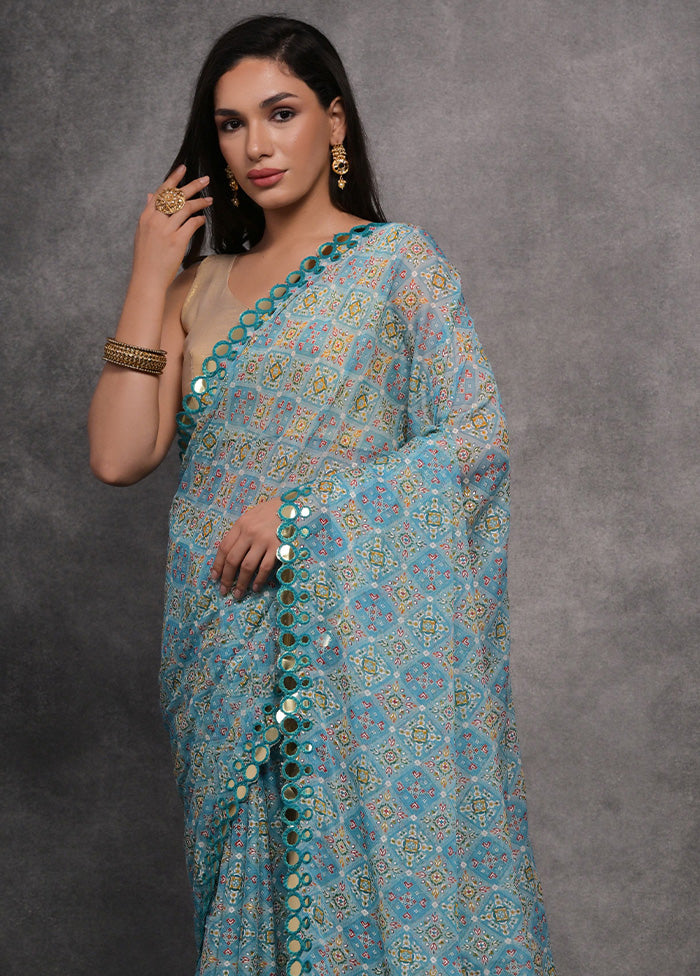 Sky Blue Chiffon Silk Saree With Blouse Piece