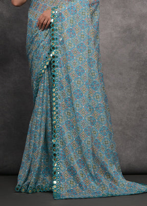 Sky Blue Chiffon Silk Saree With Blouse Piece