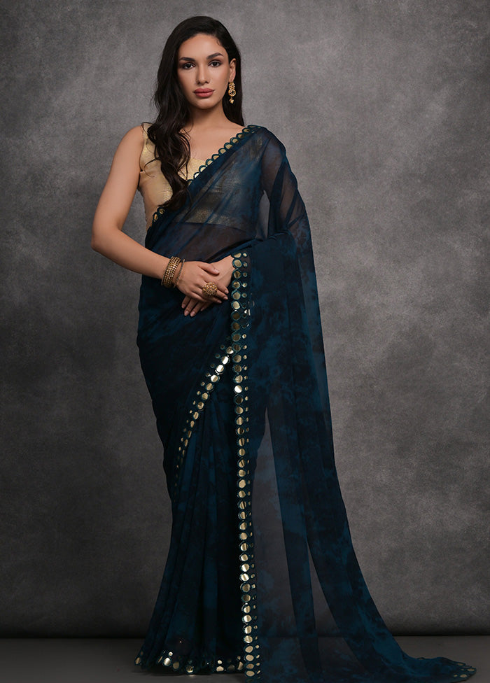 Navy Blue Chiffon Silk Saree With Blouse Piece