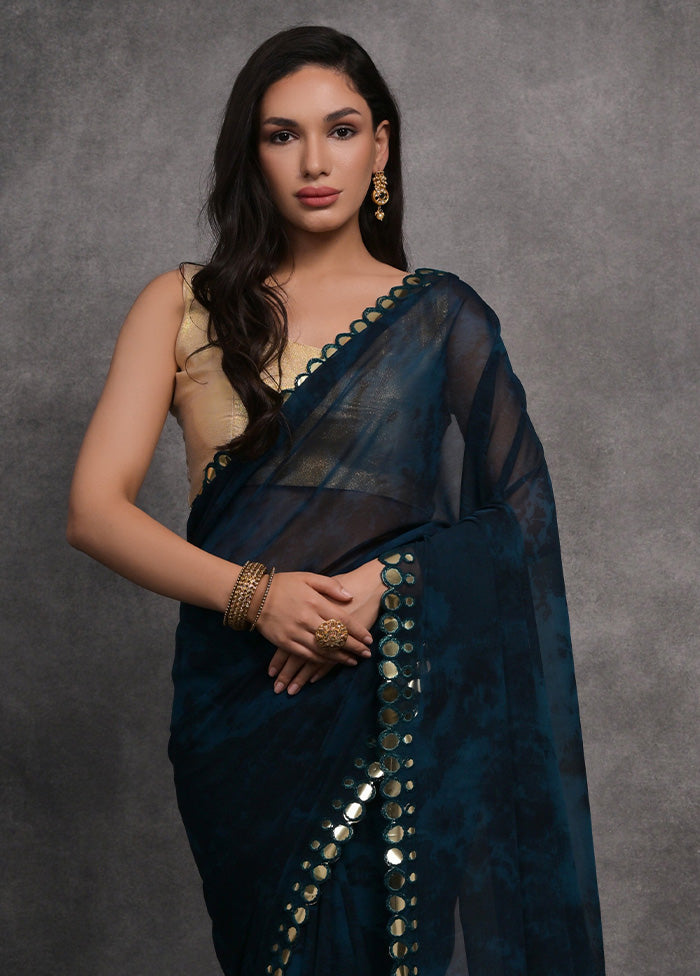 Navy Blue Chiffon Silk Saree With Blouse Piece