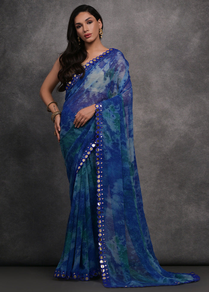 Blue Chiffon Silk Saree With Blouse Piece