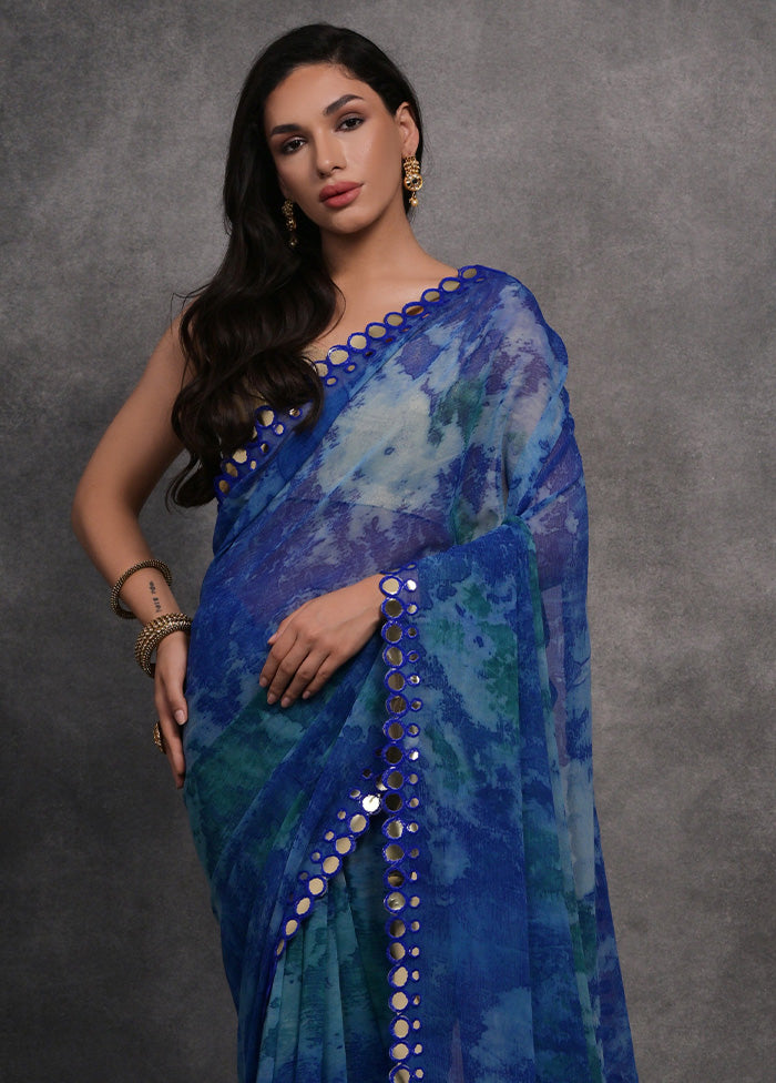 Blue Chiffon Silk Saree With Blouse Piece