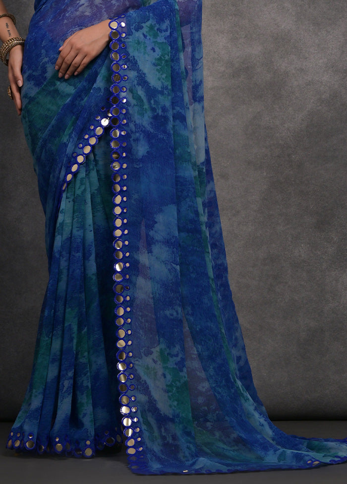 Blue Chiffon Silk Saree With Blouse Piece