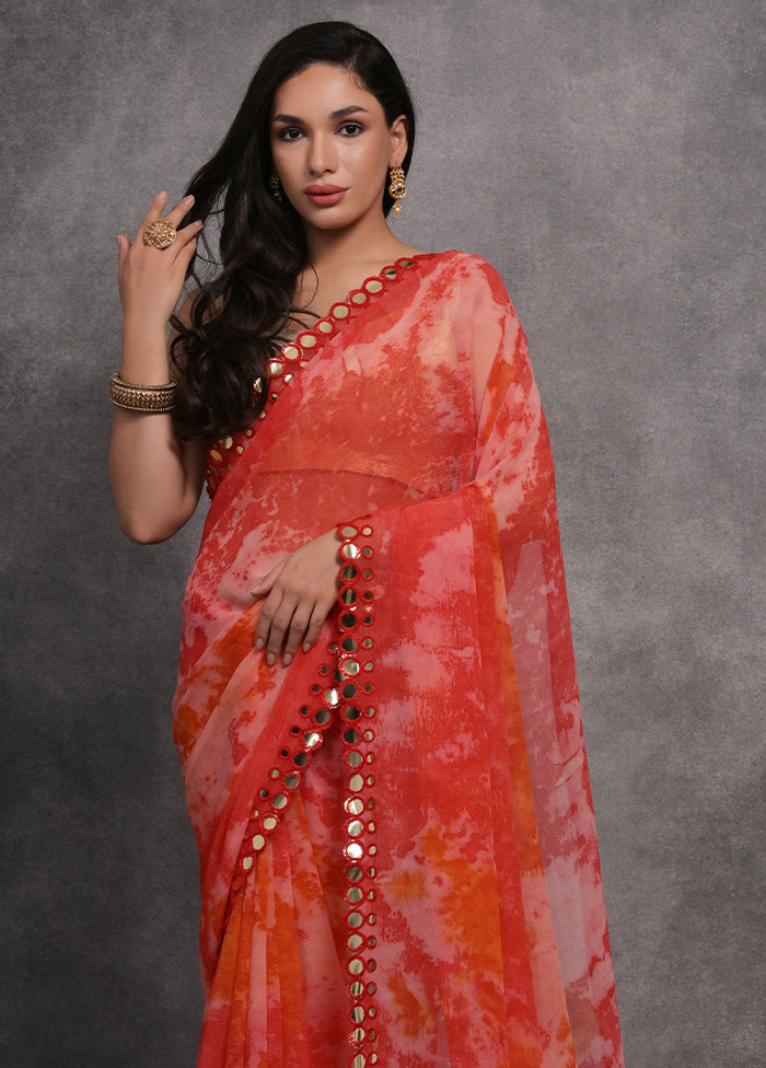 Red Chiffon Silk Saree With Blouse Piece