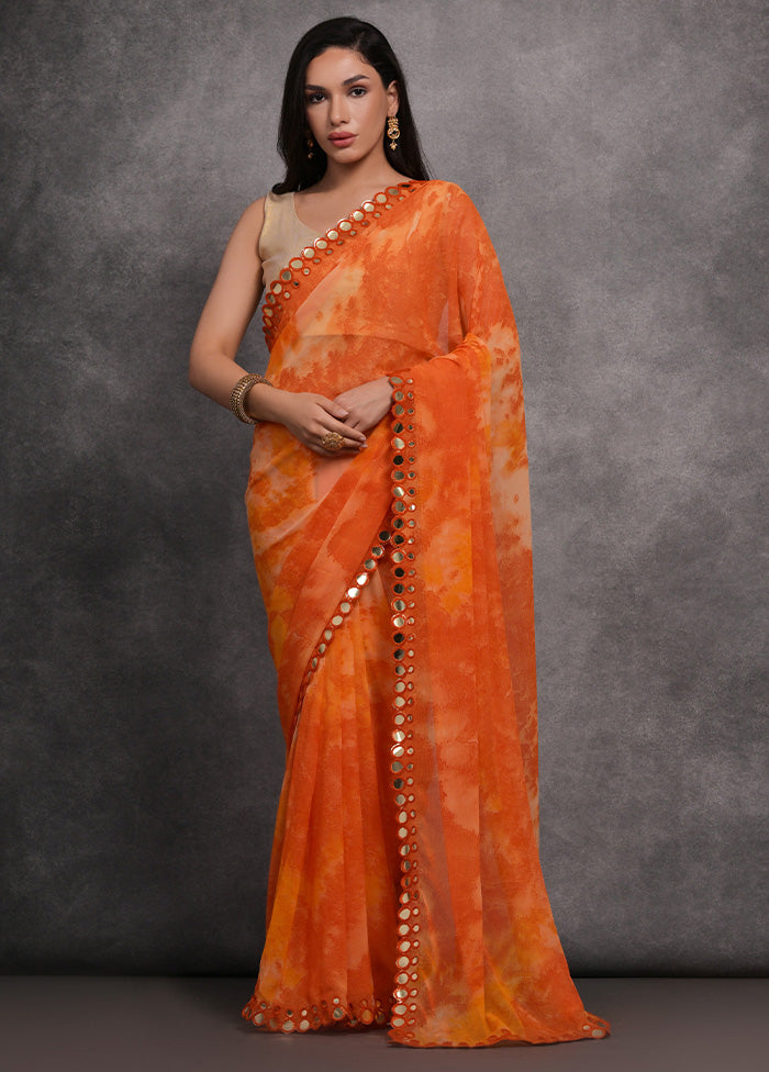 Orange Chiffon Silk Saree With Blouse Piece