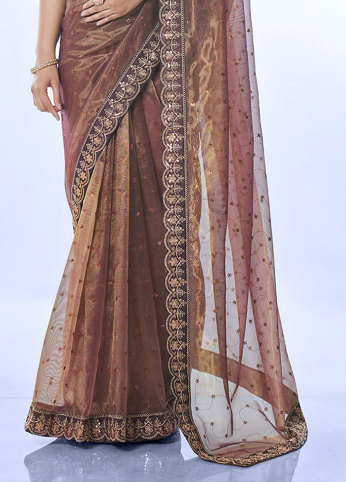 Brown Net Net Saree With Blouse Piece