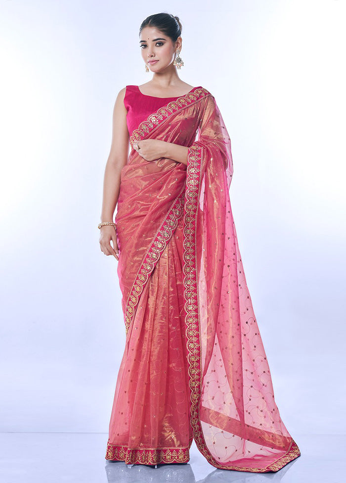 Pink Net Net Saree With Blouse Piece