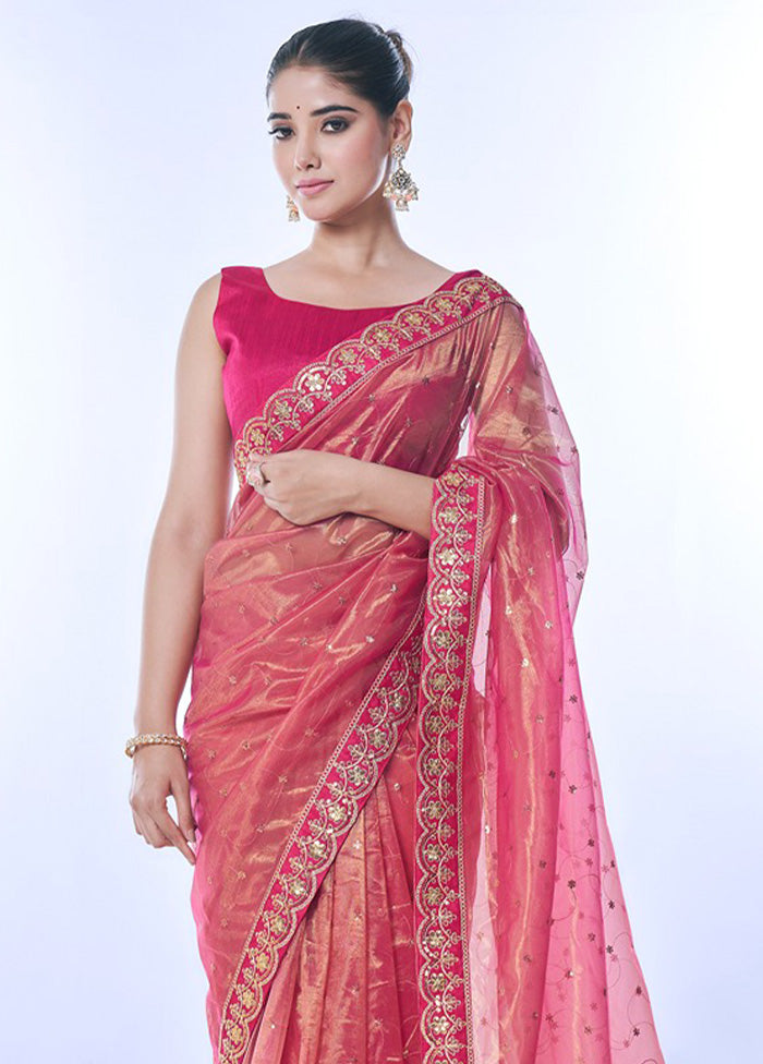 Pink Net Net Saree With Blouse Piece