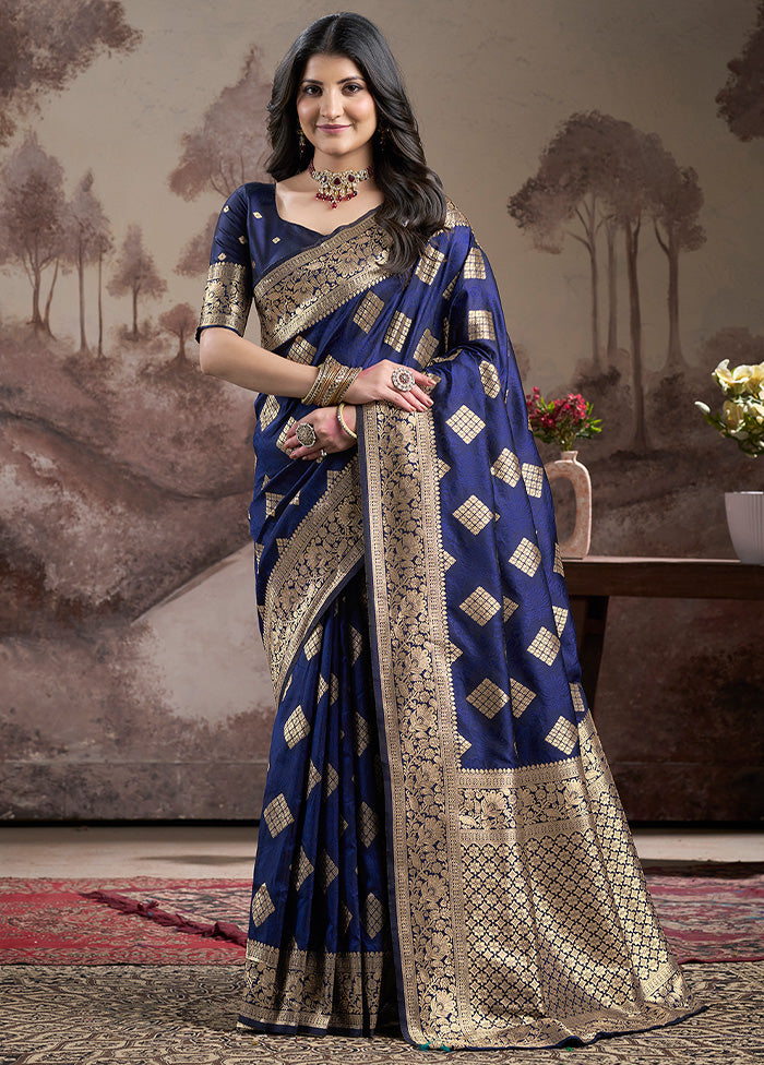 Navy Blue Spun Silk Saree With Blouse Piece