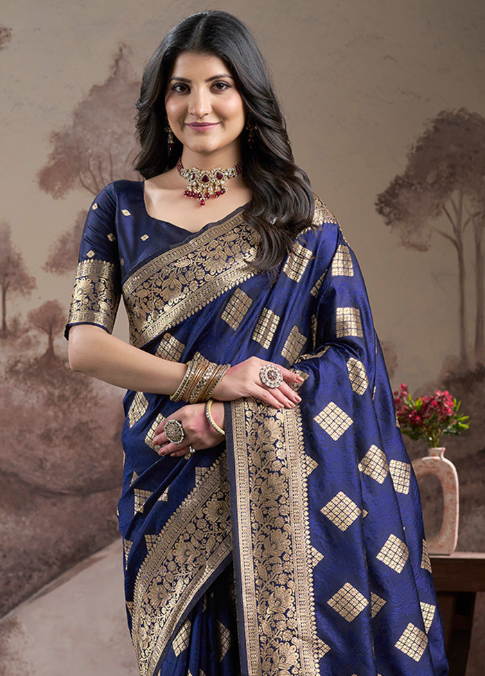 Navy Blue Spun Silk Saree With Blouse Piece