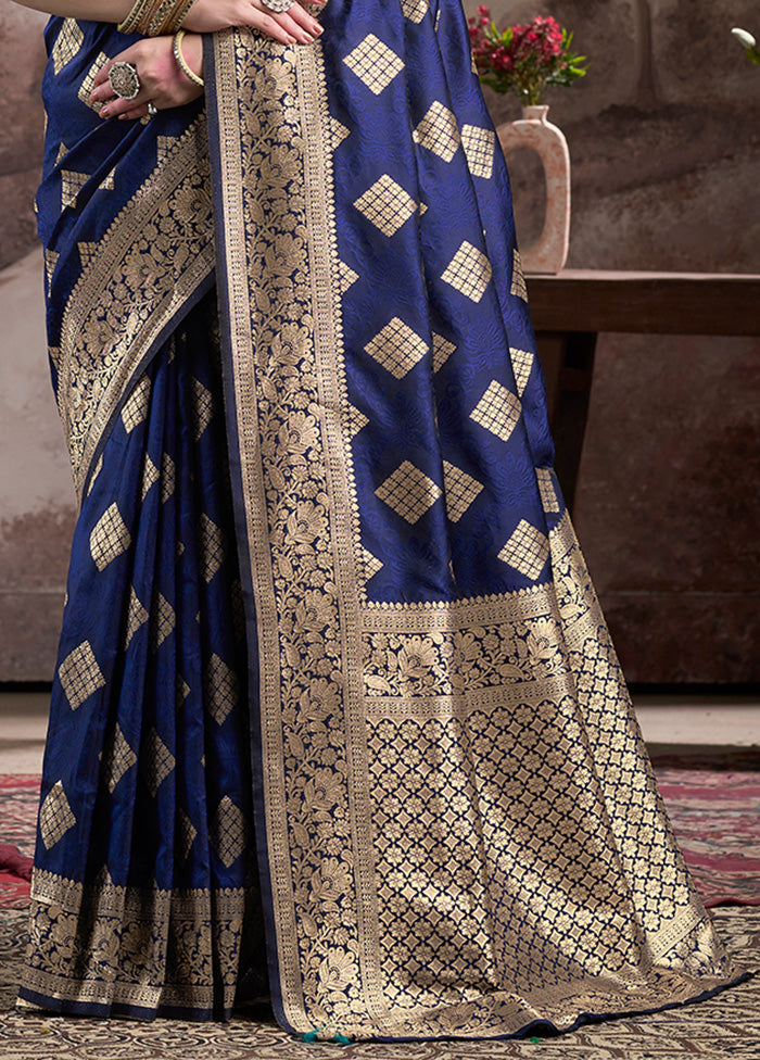 Navy Blue Spun Silk Saree With Blouse Piece