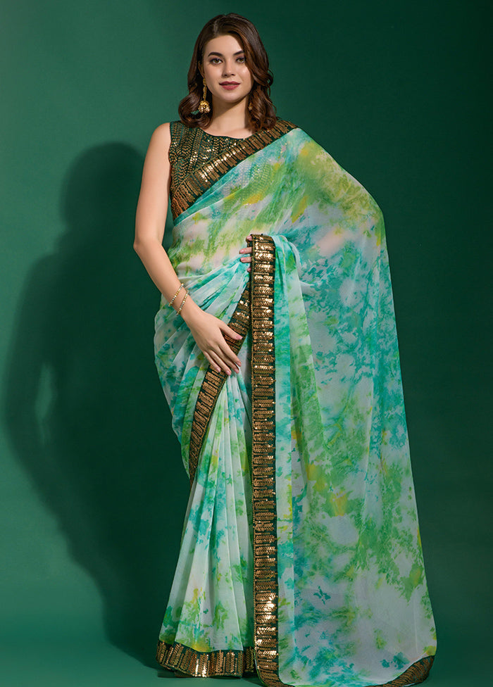 Sea Green Chiffon Silk Saree With Blouse Piece - Indian Silk House Agencies