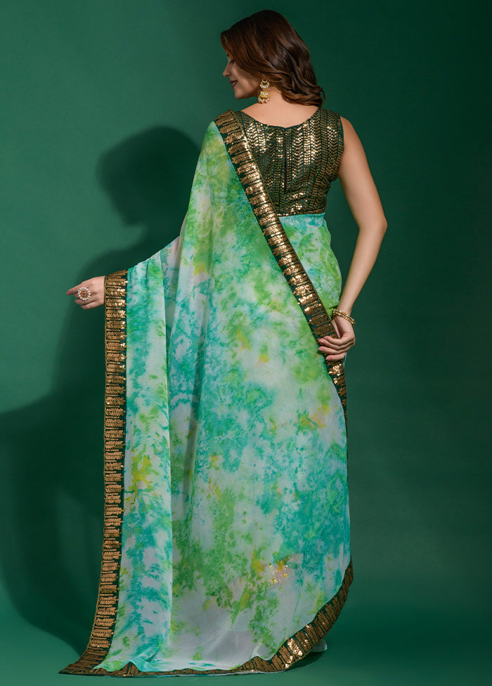 Sea Green Chiffon Silk Saree With Blouse Piece