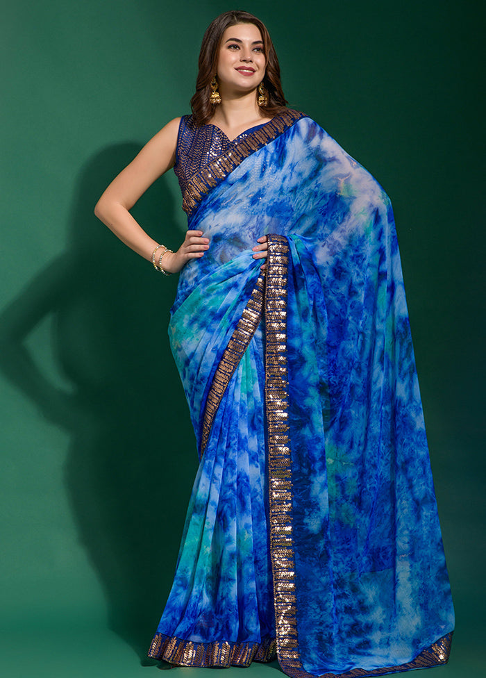 Blue Chiffon Silk Saree With Blouse Piece