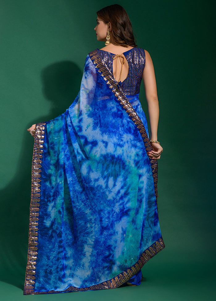 Blue Chiffon Silk Saree With Blouse Piece